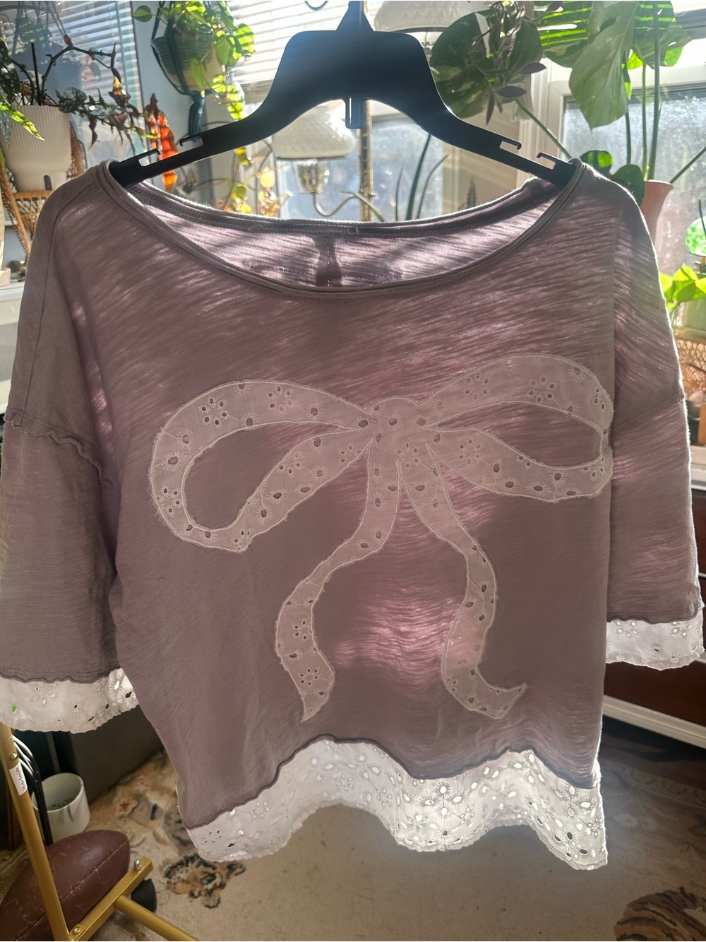 Women's  Bow Embroidered Short Sleeve Top Gray
